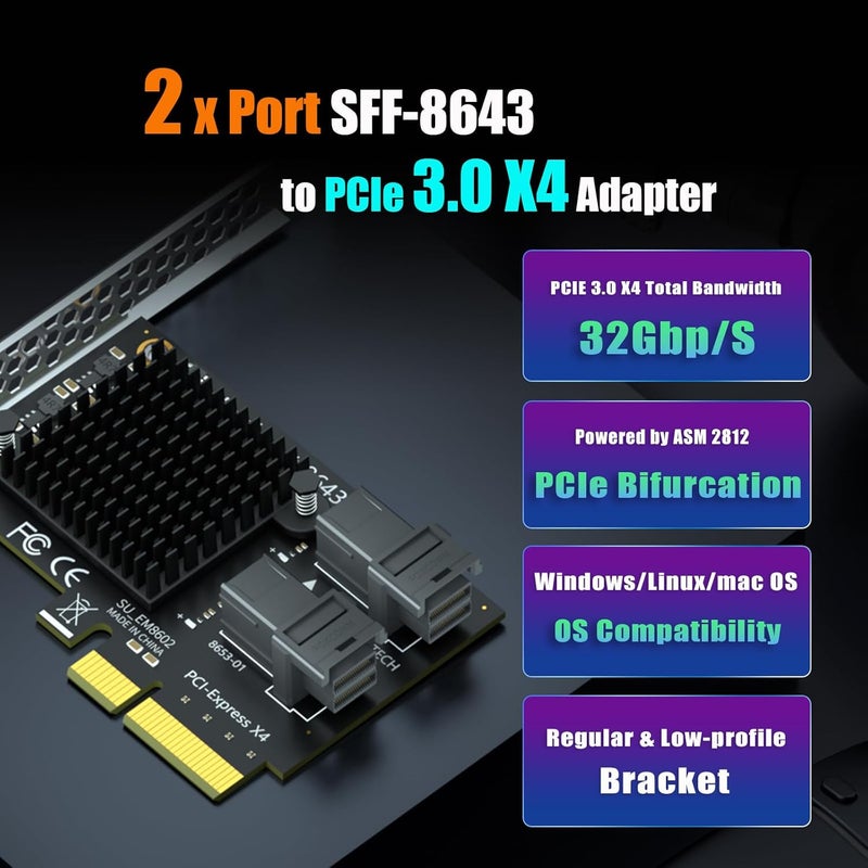 GLOTRENDS بطاقة محول SF22 2-Port SFF-8643 (Mini-SAS HD) إلى PCIe 3.0 X4 مع وظيفة تقسيم PCIe، حوامل عادية ومنخفضة الملف - Image 2